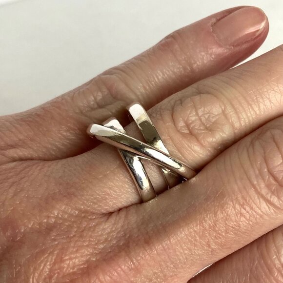 Sterling Silver 925 Asymmetric Criss Cross Lines Saturn Band Ring Sz 7 - Picture 3 of 16